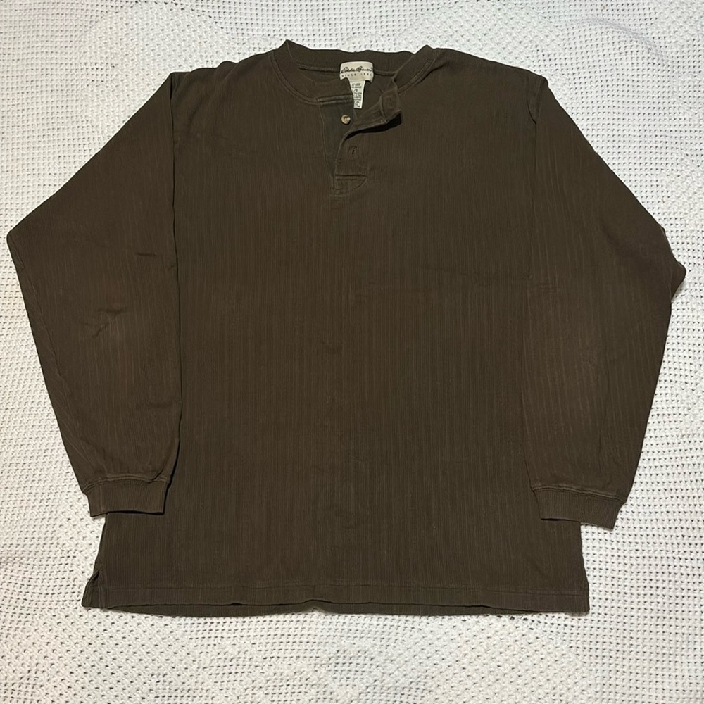 Eddie Bauer 90s Ribbed Knit Henley Pullover Sweater Dk Olive Green size L